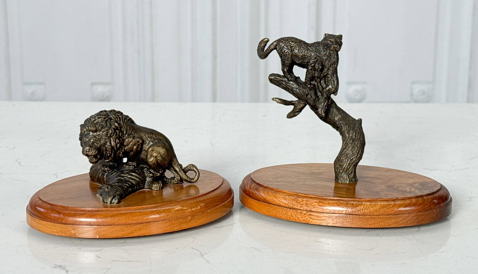 Tom Tischler, American, Texas, Born 1950: Tom Tischler, American, Texas, Born 1950, Male Lion With Zebra And Leopard With Ibex Prey, Two Cabinet Bronzes, Both Signed With Edition /25 On Base, Leopard 4 X 3 X 1 Inches, On Walnut Plinth