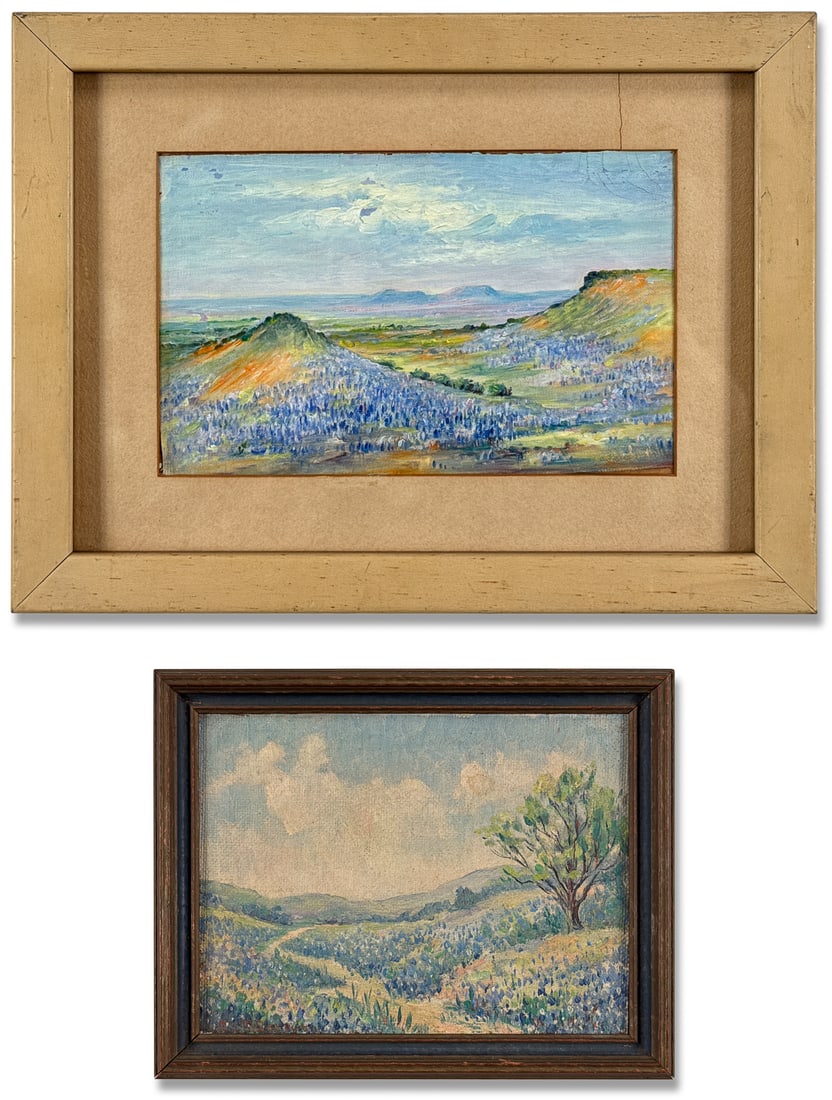 Two Texas Bluebonnet Landscape Oil Paintings: Two Texas Bluebonnet Landscape Oil Paintings, Early To Mid 20th Century, Unsigned, One Oil On Board, Glidden Paint Store, Elm St. Label Verso, 6 X 7.5 Inches, The Other Oil On Unstretched Canvas, 5.5 