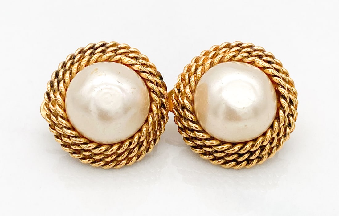 Chanel Pearl And Gold Tone Earrings: Chanel Pearl And Gold Tone Earrings, Faux Pearls In Gold Tone Hardware, Marked 1984, 3/4 Inch Diameter, Clip Style, Includes Original Chanel Box