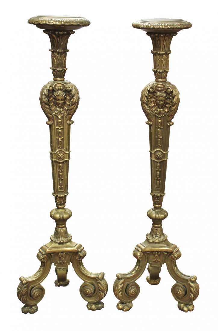 Pair 19th C. French Carved Giltwood Torchieres: With Mask Motif Carvings Finely Detailed 59h X 17w X 12d