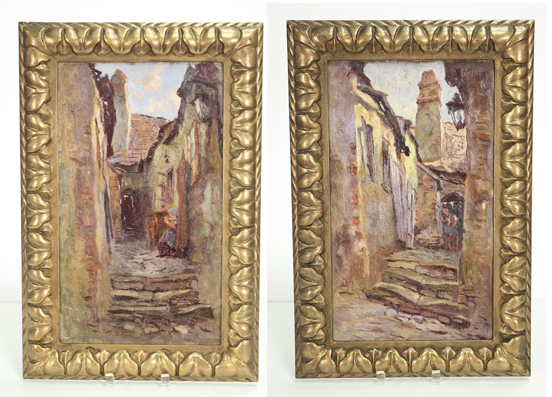 Pair Of Italian Oil On Panel City Street Scenes: In Antique Wood Frames Circa Early 20th Century 23.25h X 15.25w X 1.5d