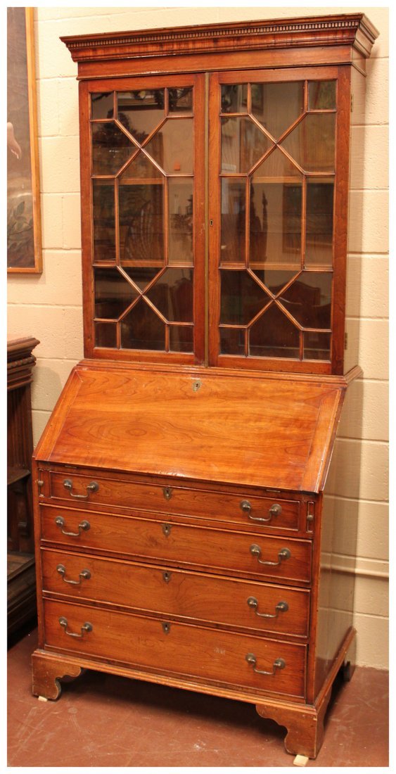 An English Elmwood Bureau Bookcase: Of Nice Proportions, Georgian Style, 20th Century English Bench Made Piece, The Top With Astragal Doors, Set On Bracket Feet, 36w X 21 D X 86h