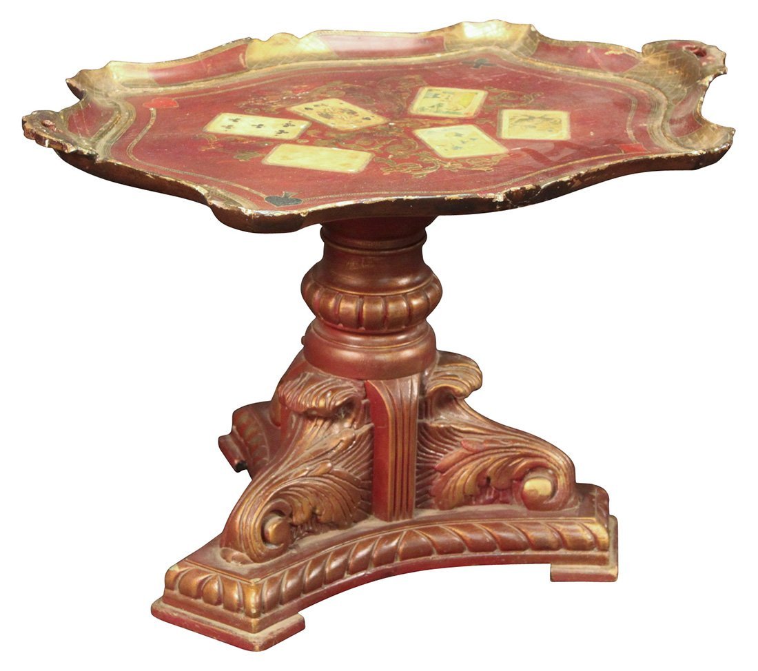 A Shaped Red Lacquered Cocktail Table: Set On A Carved Base With Florentine Tray Top, And Decooupaged Playing Cards, C. Mid 20th Century,