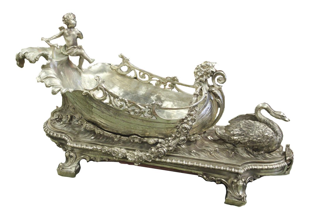 Fine Continental Silver Centerpiece: With Swan And Cherub Surmounts And Floral Applied Decorations 11.5h X 22w X 8d