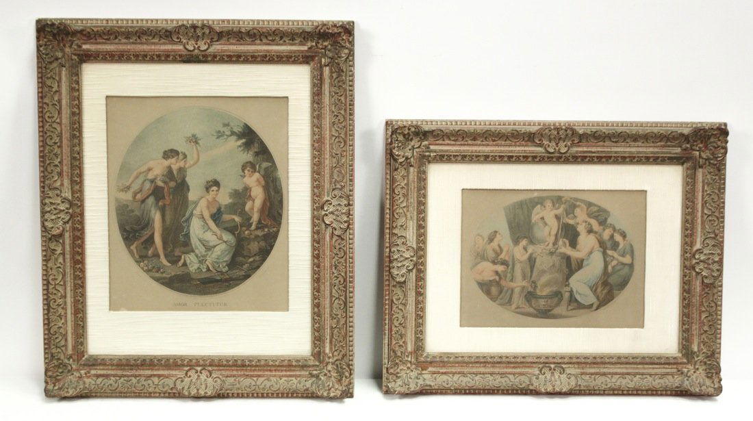 Francesco Bartolozzi, 1727-1815: Pair of framed stipple hand-colored engravings,16.75h X 20.75w X 2d 23h X 19w