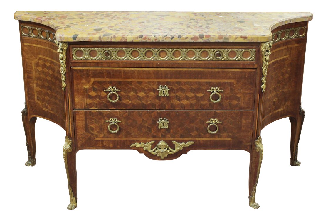 19th-Century French Transitional Commode: Made Of Kingwood And Having Parquetry Inlays, Cast Bronze Mounts, Topped With A Breccia Marble Top, Circa 1870. 34.5h X 59w X 18.75d
