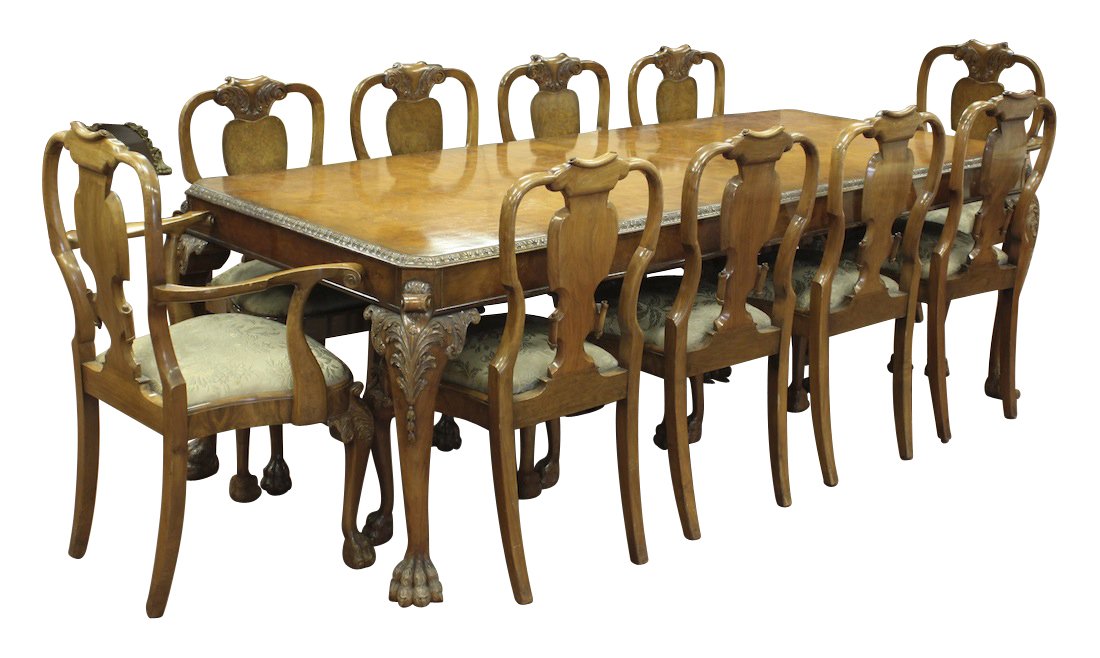 English Burl Walnut Dining Suite: Comprising Table And Eight Dining Chairs, 6 Sides And 2 Arms,very Fine Quality Circa 1920 40h X 24.5w X 19d (chair) 30.5h X 90w X 39d (table)