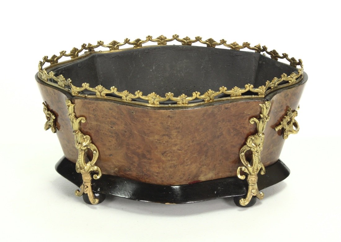 Antique French Napoleon III Jardinere: With Bronze Mounts,set On An Ebony Base, Circa 1870 6.25h X 13.5w X 9.5d