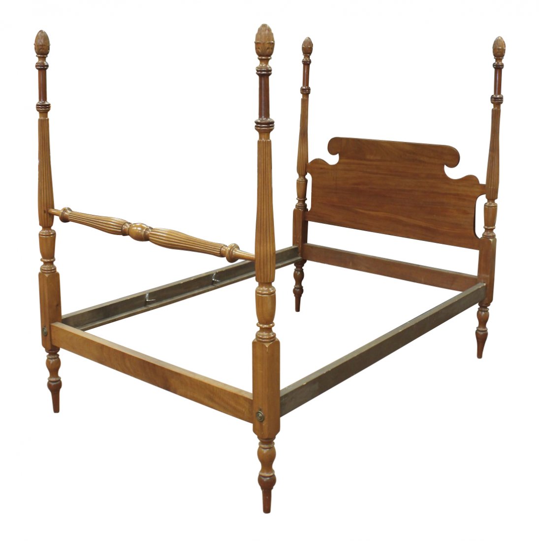 American Sheraton Design, Cherry Four Poster Bed: With Pineapple Carved Finials, Turned Legs, And Fluted Post, Circa 19th Century