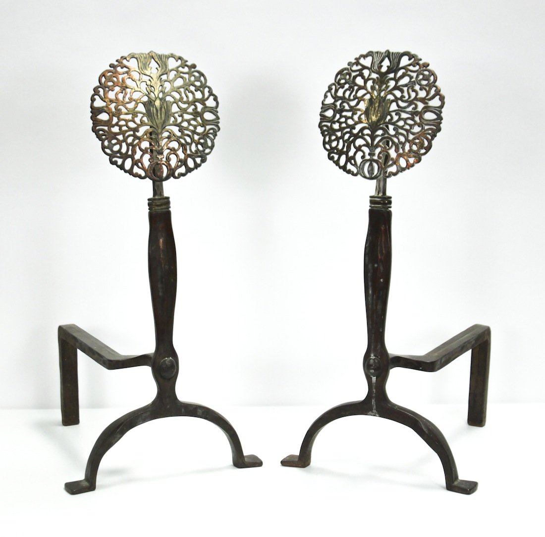 Pr. Of American Arts And Crafts Andirons: Iron And Brass, With Sunflower Tops