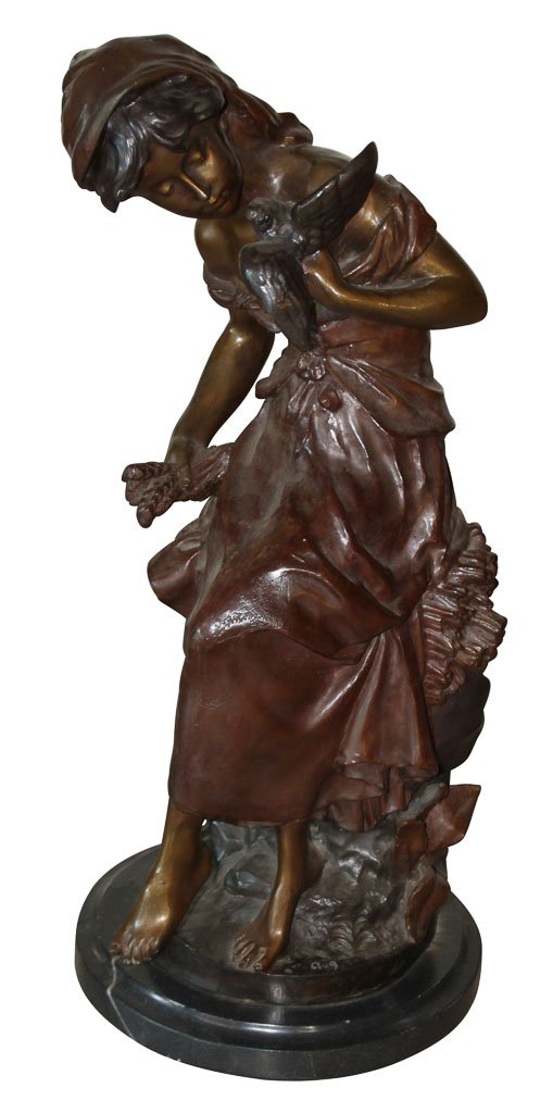 Classical Bronze Statue Of Lady With Bird: No Reserve. On Marble Base. 26"h