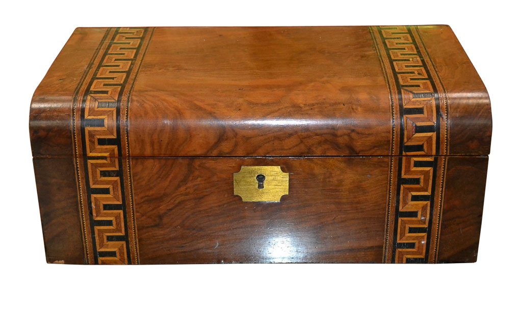 Continental Antique Burl Walnut Box: With Greek Key Pattern. 14w X 9d X 6h. (Please note the box is currently locked and missing the key.)