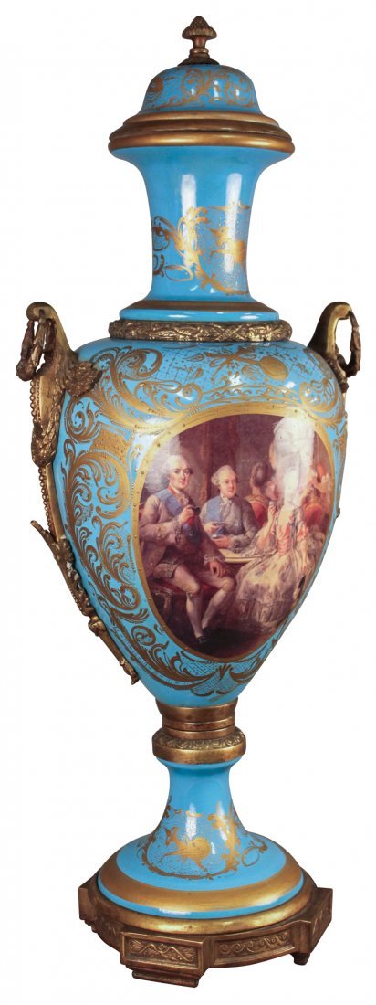 Palace Size French Sevres Capped Urn: In Cereluan Blue Background, Having Intricate Gold Overlay Decorations, Heavy Cast Bronze Handles, And A Hand-painted Oval Classic French Parlor Scene, Focal Point. 43h x 17w