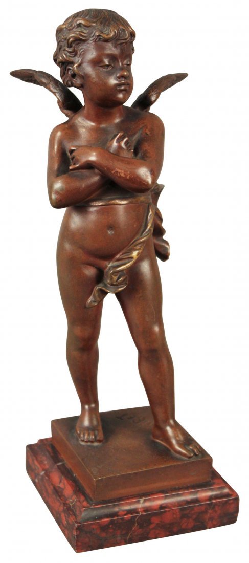 An Antique Bronze Figure Of Putti,: No Reserve. Set On A Red King's Marble Base, C. 19th Century, 9.5 H Signed Bouret