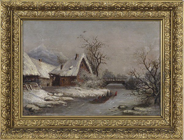 Continental School Winter Scene Painting: No Reserve. Late 19th C. 26w X 20h