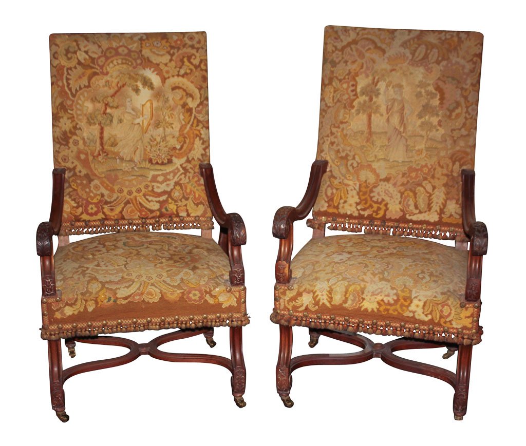 Pair Of French Walnut Needlepoint Armchairs: No Reserve. 26w X 24d X 48h