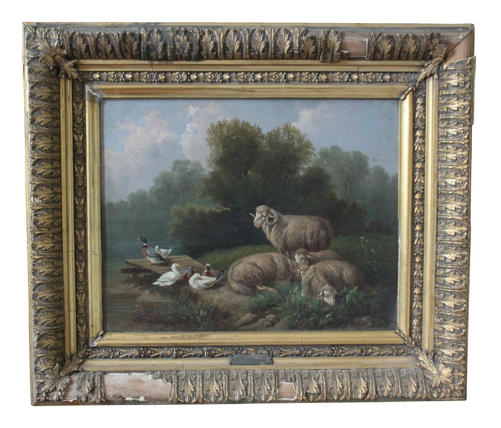 French Oil On Board Painting Of Sheep And Ducks: No Reserve. Signed J.e. Jean. Purchased From Louis Rosenbacch Antiques, Dallas Tx. (note Damages To Frame) 23w X 20h