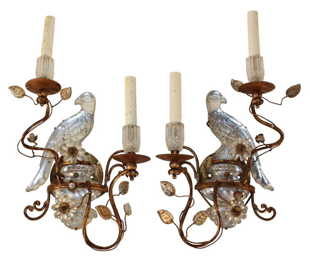 Pair Of Italian Tole And Crystal Bird Sconce: No Reserve. 19h X 11w X 6d
