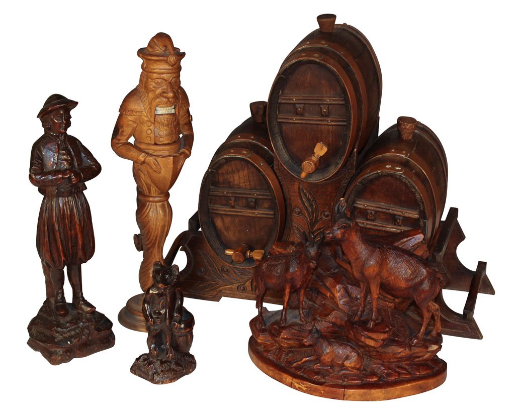 Collection Of Continental Carved Wood Subjects: 5 Piece Collection Including A Triple Wood Barrel Liquor Dispenser. 14"h