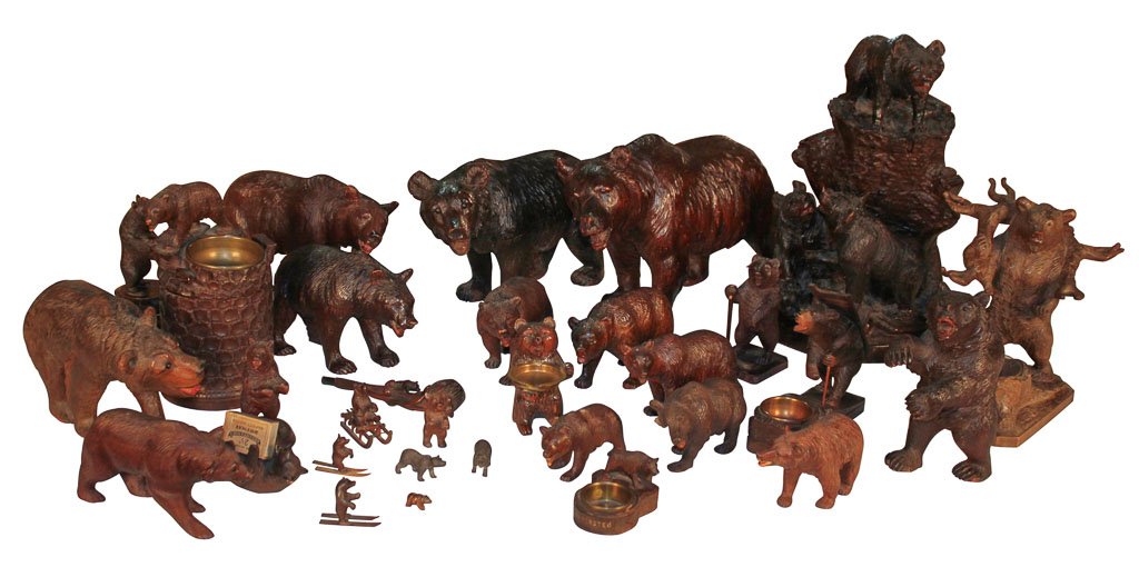Rare Collection Black Forrest Carved Wood Bears: A Rare 31 Piece Collection Of Black Forrest Carved Wood Bears, Of Miscellaneous Sizes , Including Pipe Holder, Pipe, Tobacco Jar, Lamp, Sleigh Riders, Standing And Various Stances