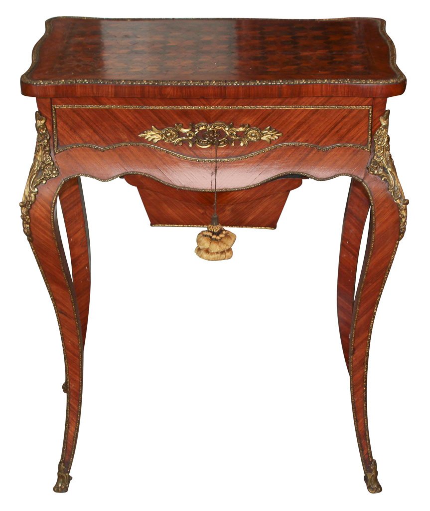 French Parquetry Inlaid Vanity Table: No Reserve. With Nicely Cast Bronze Mounts, Lift Top With Mirror, And Drawer Below. 23.5w X 16d X 29h