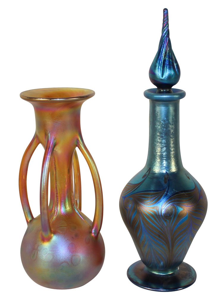 Muller Art Glass Vase Together With Tiffany Style Jar: No Reserve. Muller Art Glass Vase Together With A Tiffany Incense Jar. Both Signed. Tallest 14.5"h