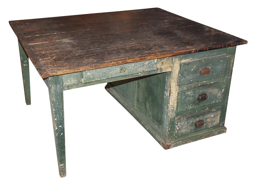 Early French Painted Primitive Partners Desk: Purchased In France. A True Partners Desk With Functioning Drawers On Both Sides. Original Worn Patina. 55w X 47d X 30h