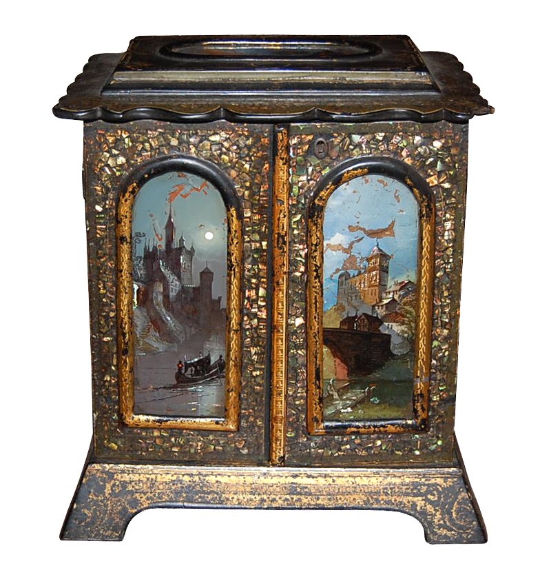 English Papier Mache Sewing Cabinet: with Mother of pearl Inlay and custom fittings. Circa 1890. 11w x 9d x 13h.
