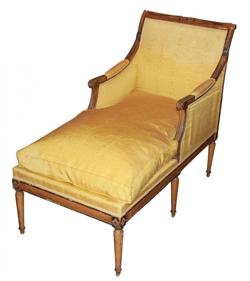 French Directoire Chaise: 50L x 24w x 38h. Lacquered with black accents.
