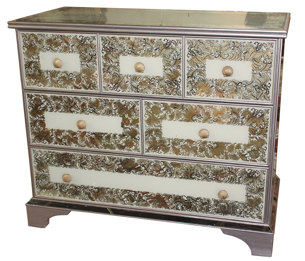 Mid Century Glass Commode: Reverse Painted Glass. Having 3 drawers total with seashell pulls; top and middle drawer give illusion of separate smaller drawers but are one drawer each. 37.5w x 18.5d x 32h