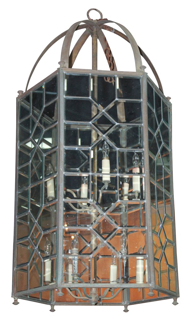 Large Mid Century Tole Lantern With Beveled (1 of 5)