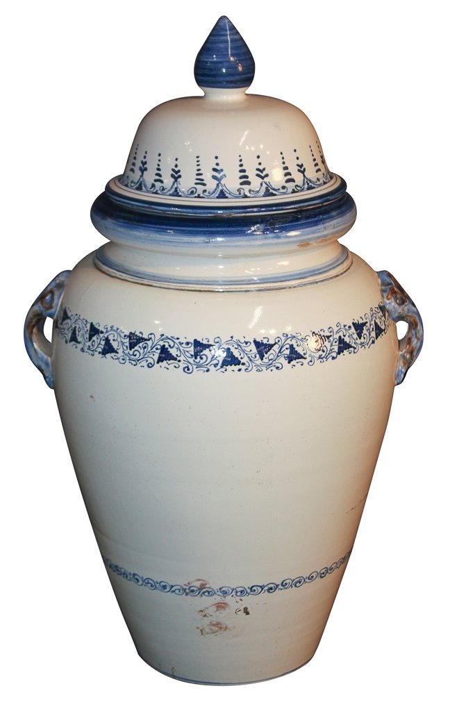 English Blue And White Pottery Capped Urn. (1 of 6)