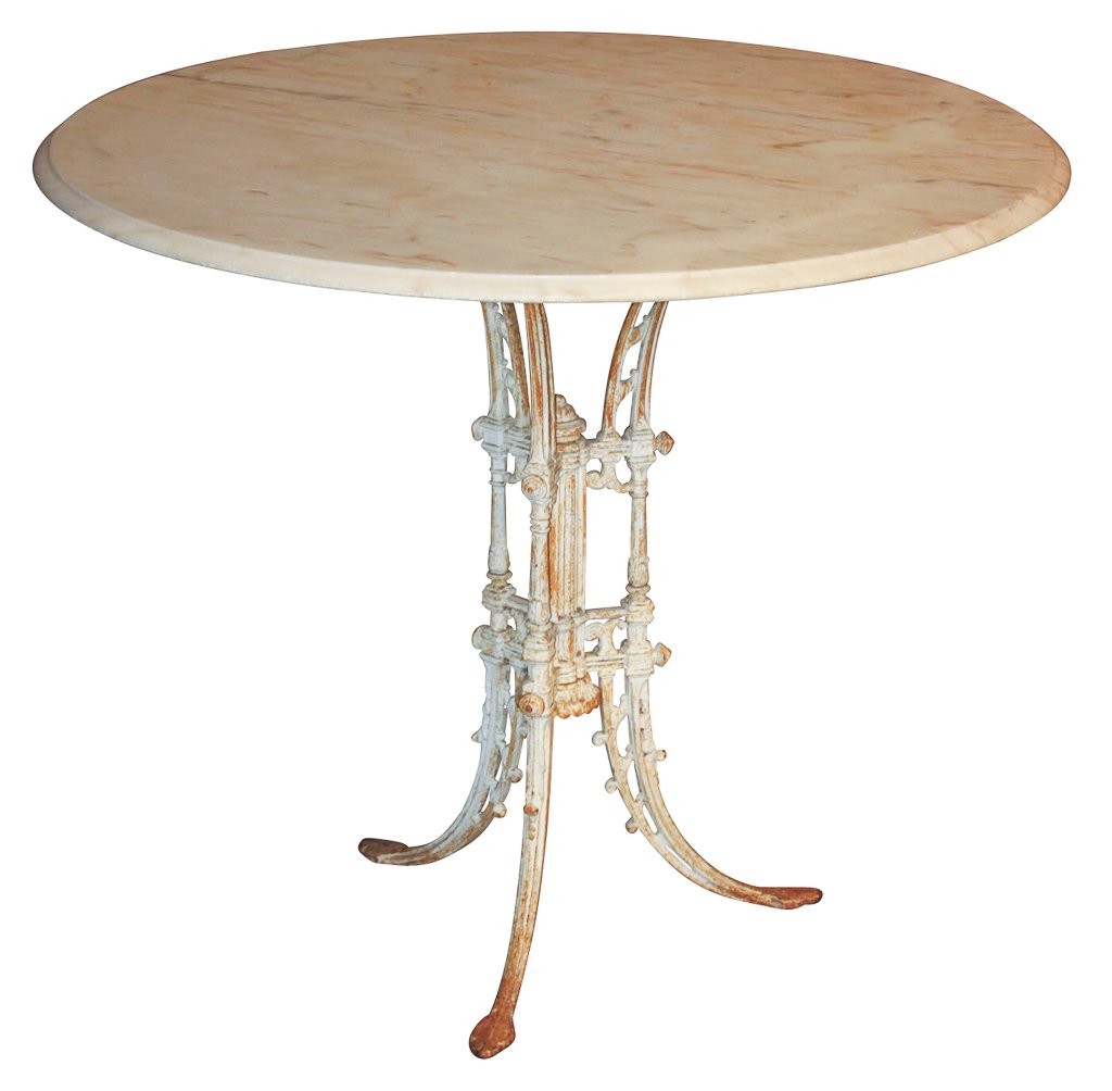French Painted Iron & Marble Top Garden: Table. Early 20th C. 36w X 30h