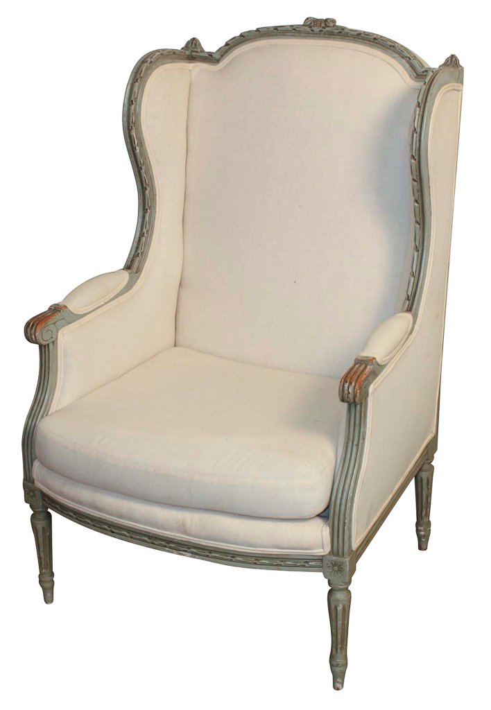 19th Century French Louis Xvi Bergere: With Original Blue Paint. Re-covered In Muslin. 26w X 20d X 40h