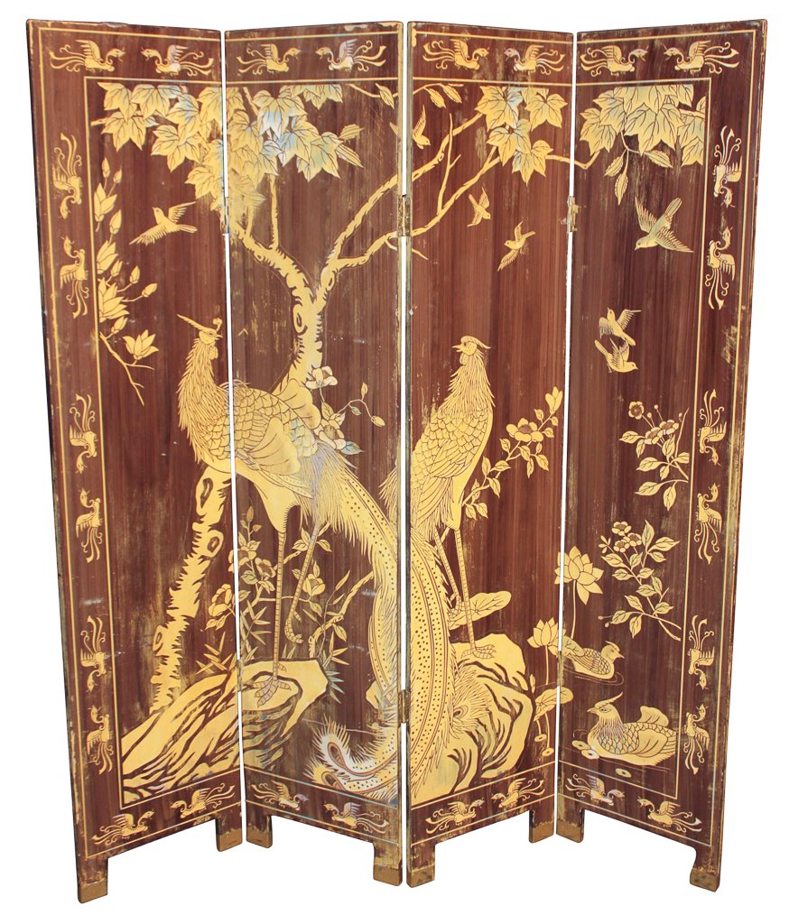 Antique Oriental Lacquered 4 Panel Screen (1 of 9)