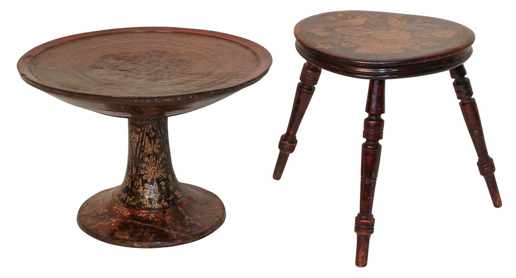 Antique Marquetry Stool Together With Antique: Offering Tray From Bali. Tray Is 10h X 14w. Stool Is 10.5w X 11h