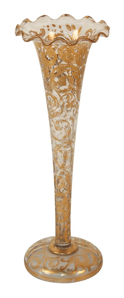French Gold Overlay Trumpet Vase: 16"h. Rubbing To Gold Commensurate With Age.