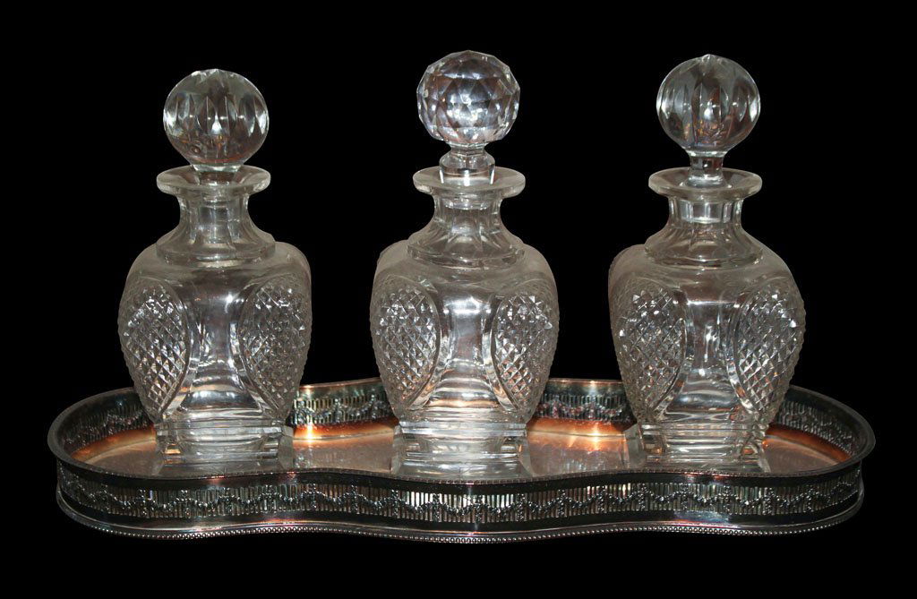 3 Cut Glass Liquor Bottles On Silver Plate Tray (1 of 5)