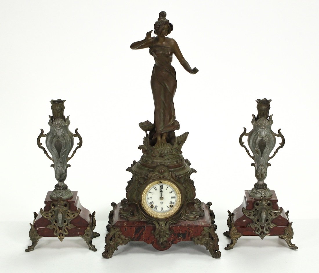 3-piece French Spelter And Marble Garniture: Clock Is 24 Inches High, Candlesticks 15 Inches High