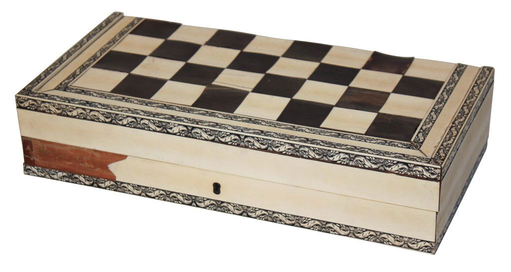 19th Century Bone & Ebony Games Box: 18.25w X 9.25d X 4h. Needs Restoration.