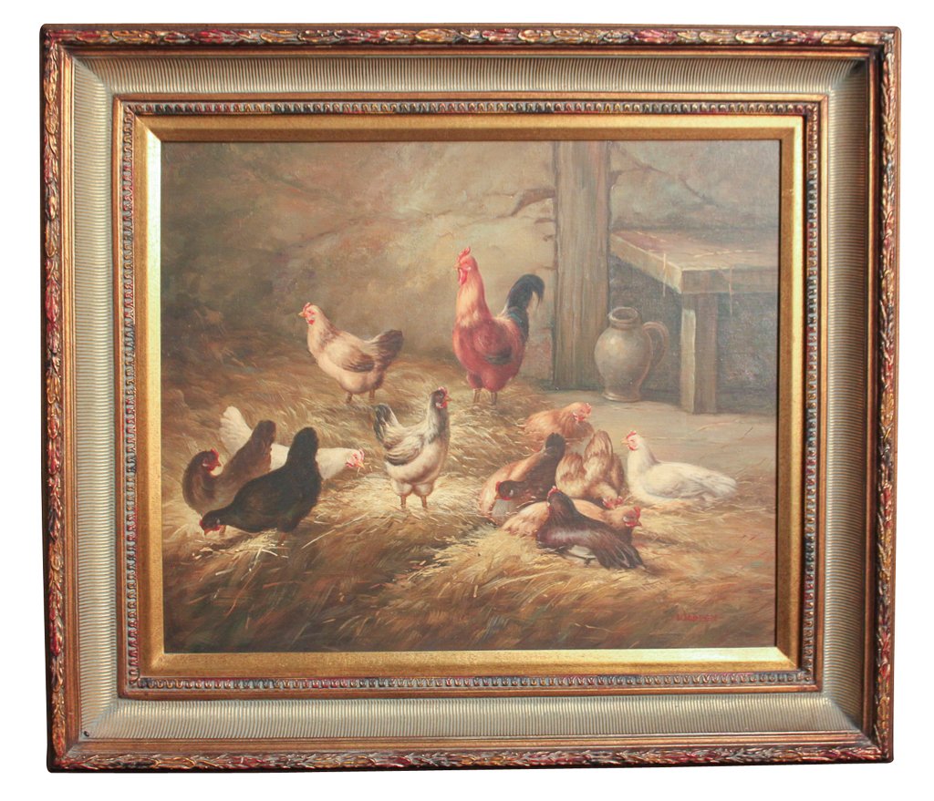 English Oil On Canvas, Chickens.    Signed (1 of 7)