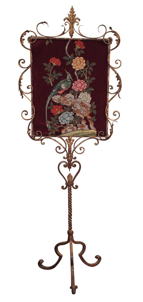 Continental Antique Iron And Needlepoint: Screen. 81h X 29w