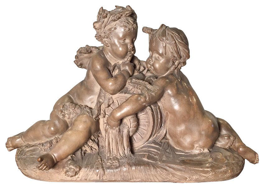 French Terra Cotta By A. Carrier: Signed And Dated 1864. 26w X 17h. From A Preston Hollow Estate. Excellent Condition With Minor Rubbing To Patina Consistent With Age. From A Preston Hollow Estate.