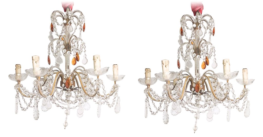 Pair Of Italian Beaded 6-light Chandeliers: With Amber Accents. Early 20th C. 26h X 24w. From A Dallas Preston Hollow Estate.