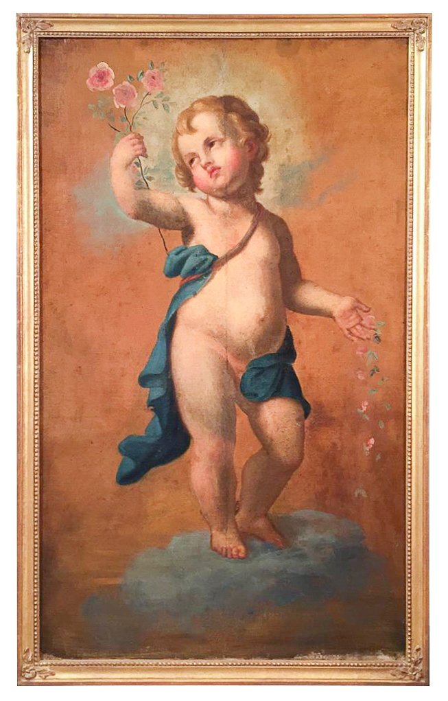 19th C. French Oil On Canvas Of Child: holding flowers. In later gilt wood frame. 28w x 46h. From a Dallas Preston Hollow estate.