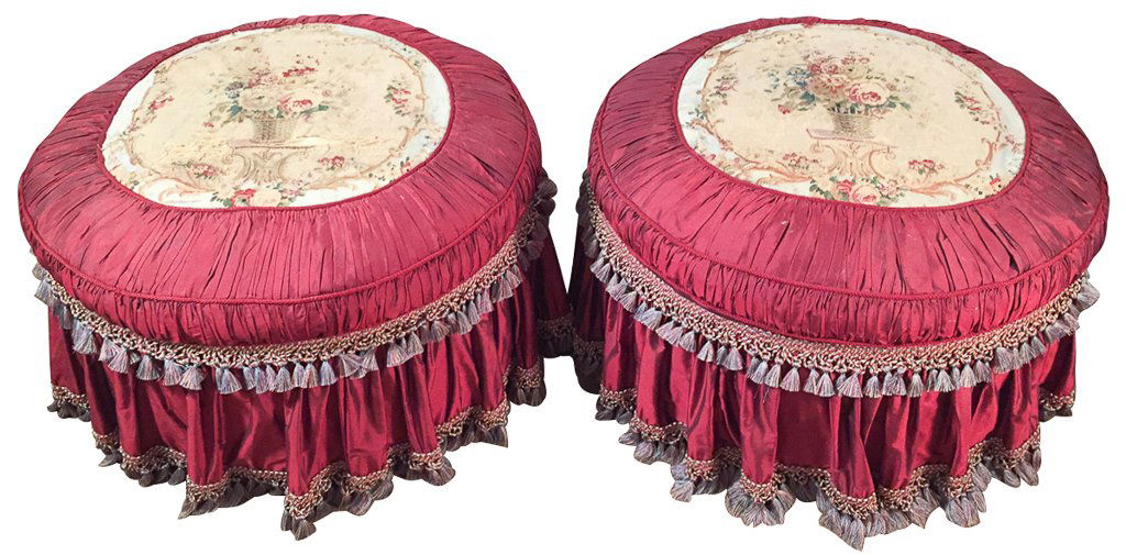 Pair Of French Silk Ottomans With Aubusson Tops (1 of 5)
