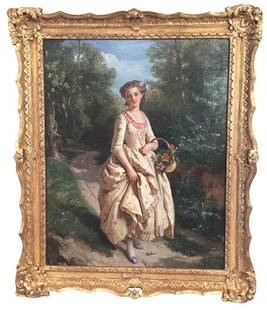 Henry Guillaume Schlesinger, French (1814-1893): "An afternoon stroll". Oil on canvas. Signed and dated 1872. 39h x 33w In giltwood frame. Sold at Chrisites New York October 29th, 2003 for $19,120. From a Dallas Preston Hollow estate. (Chips to Corn