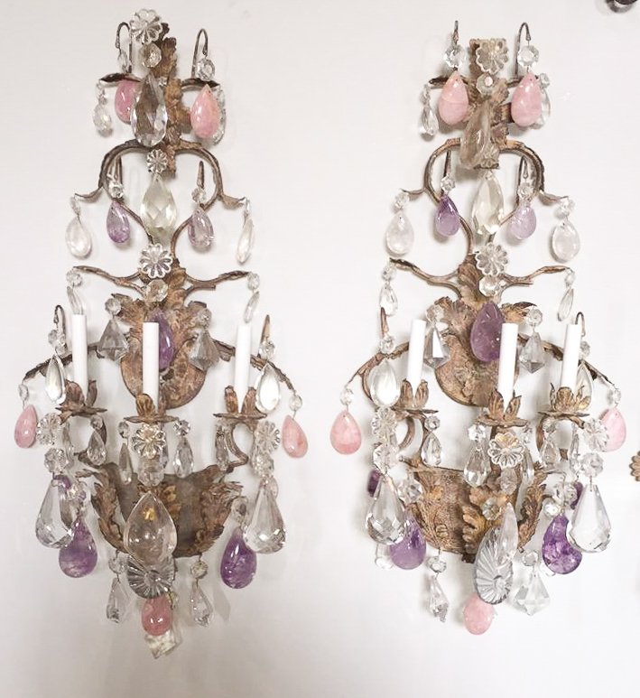 Oversize Pair Of Klun Designed Custom Sconce: Patinated Iron, With Rock Crystal, And Pink And Amethyst Rock Crystal Drops, Fine Quality, 38h X 18w. From Ernesto Klun Antiques. Rg1082