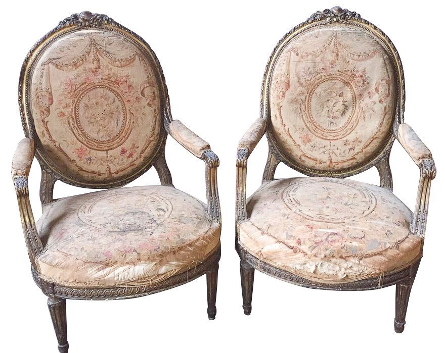 Pair Of 19th C. French Aubusson Armchairs: Louis Xvi Style, Giltwood With Original Aubusson. Antique Condition. From Ernesto Klun Antiques. 42 H X 32 W Rg1232