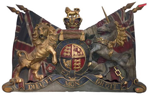 Large Wooden English Coat Of Arms,: Carved Wood With Polychrome Finish, Lion And Unicorn, 80 Wide X 49high. From Ernesto Klun Antiques. Rg186